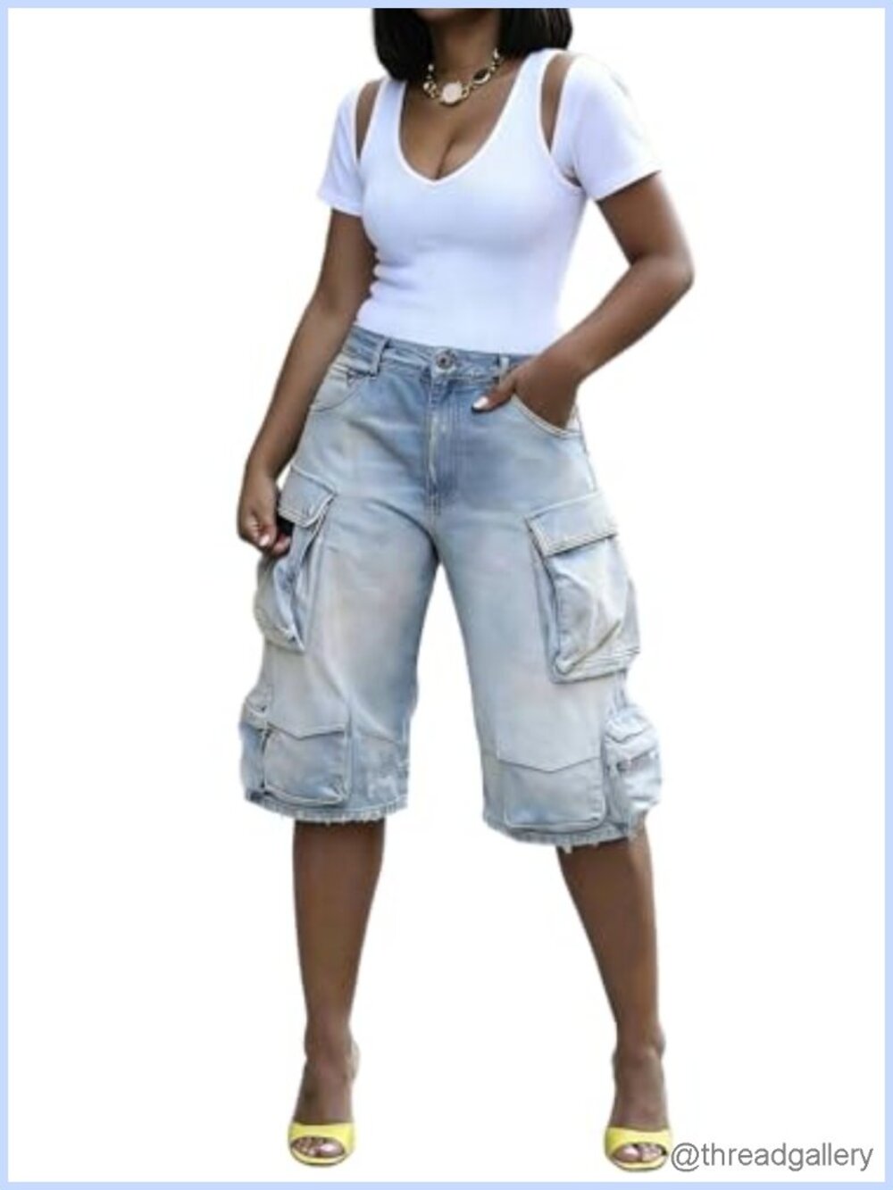 Women's High Waist Cargo Denim Bermuda Shorts Baggy Wide Leg Y2K Jorts